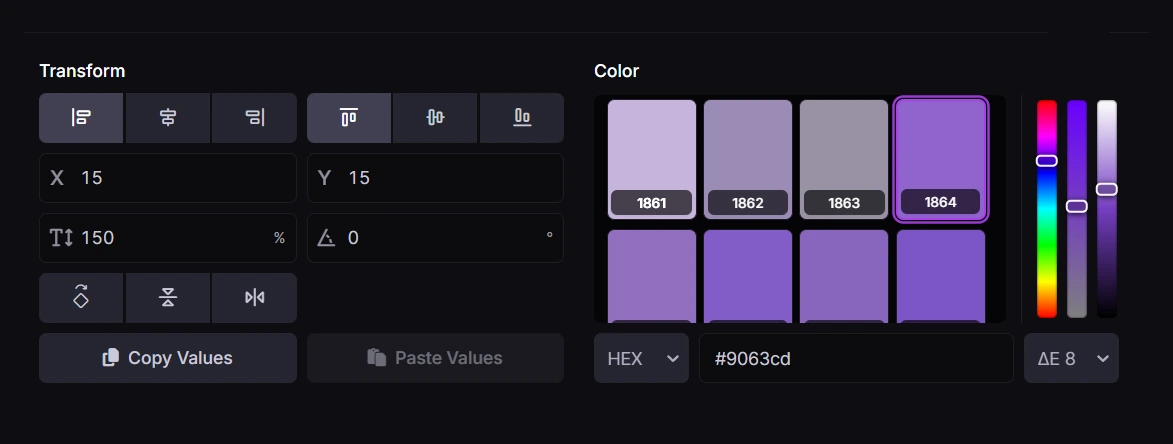Unfiltered violet print-color swatches with hue, saturation, and lightness controls beside the legend transform panel