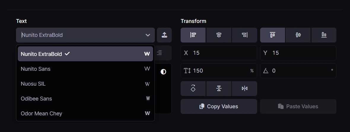 Font selector with Nunito ExtraBold selected, live letter previews, and the font upload button