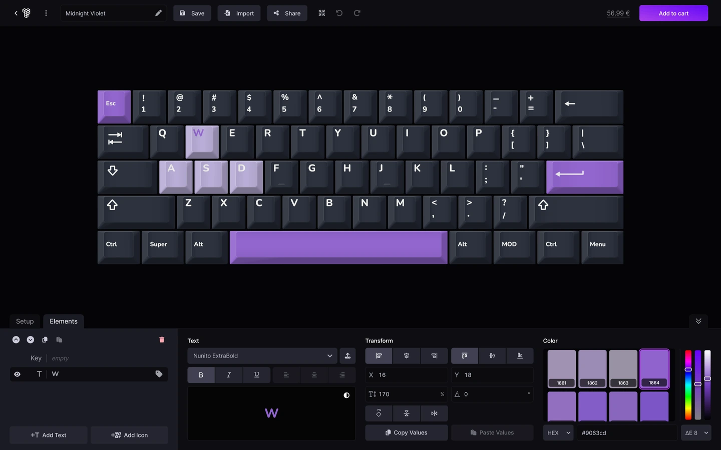 Midnight Violet keycap colors and standard legends on a 61-key Wooting 60HE+ layout in the Thockfactory configurator