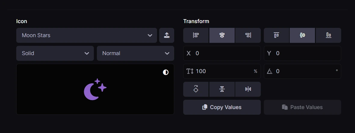 Moon Stars icon in the editor with icon style selectors and image upload control