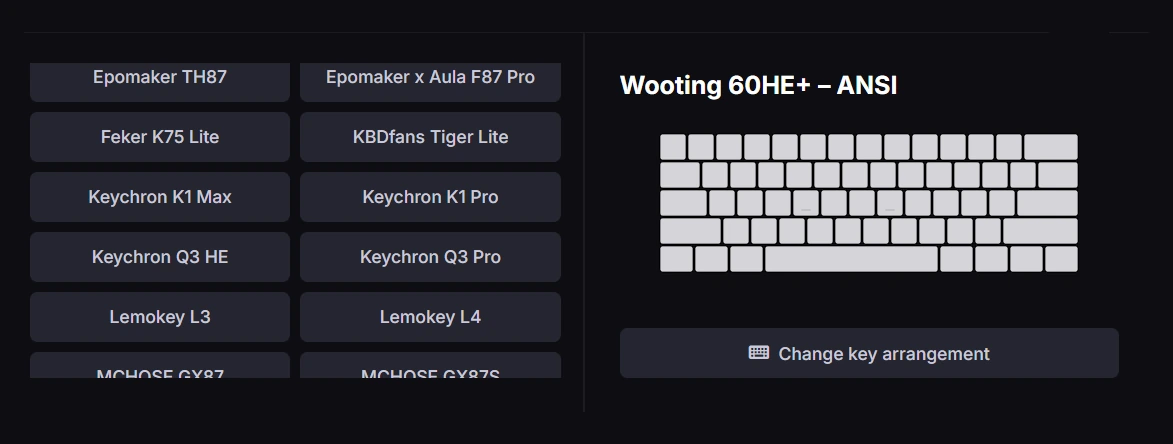 Wooting 60HE+ ANSI layout preview and the change key arrangement control