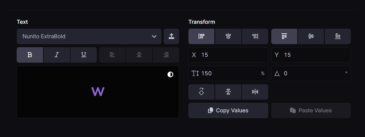 Legend transform panel with alignment, position, size, rotation, and mirror controls